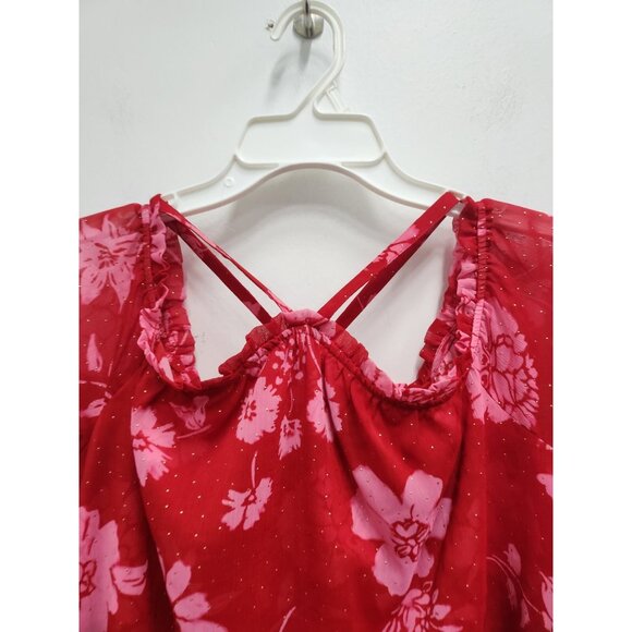 INC International Concepts Womens Top Large Red Floral Chiffon BOHO Bell Sleeve - Picture 2 of 10